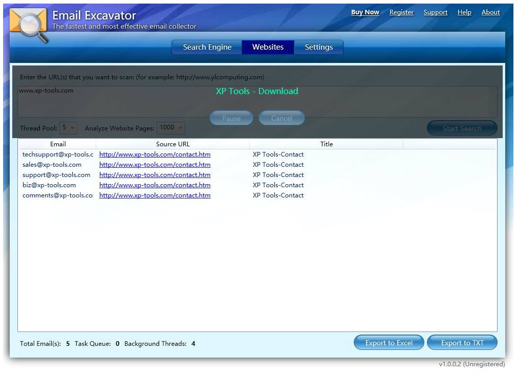 Email Excavator Websites Screenshot