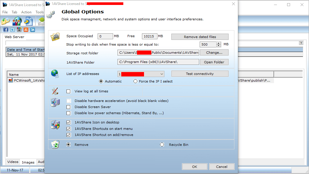 PCWinsoft 1AVshare Setting Screenshot