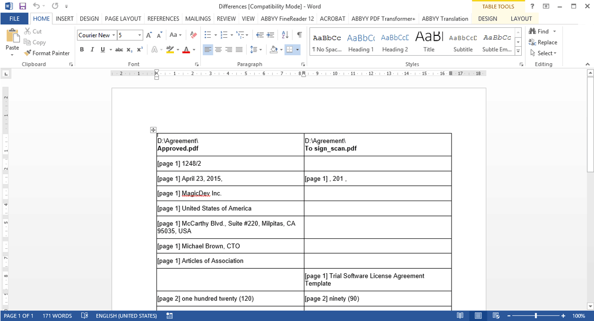 ABBYY Comparator save result as ms word Screenshot