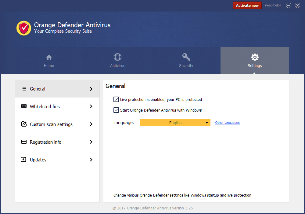 Orange Defender Antivirus Setting Screenshot