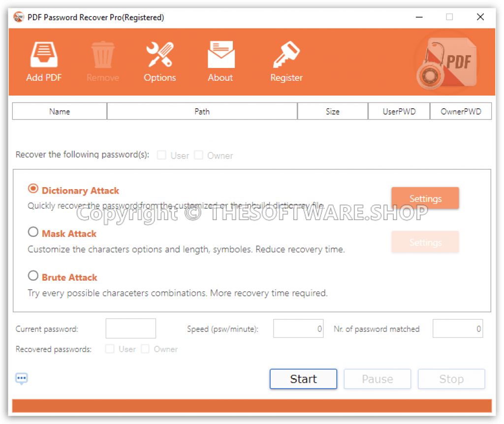 PDF Password Recover PRO - Main Interface