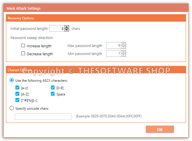 PDF Password Recover PRO - Mask Attack Settings