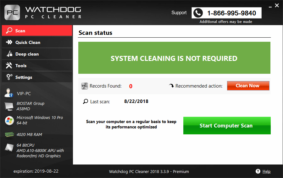 Watchdog PC Cleaner 2018 Scan main windows