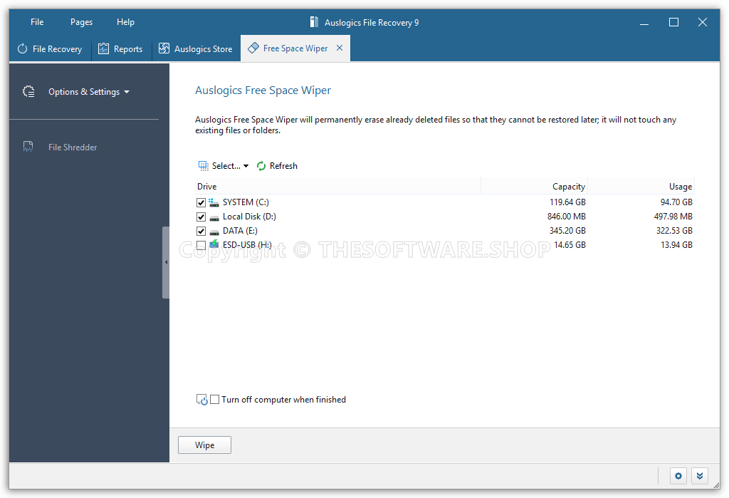 Auslogics File Recovery 9 - Free Space Wiper