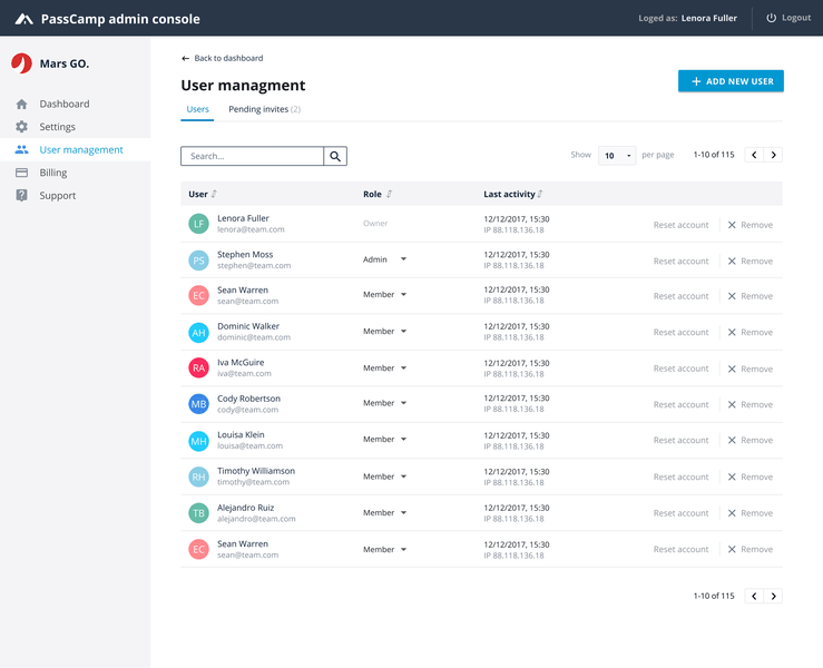 Passcamp Teams Plan Admin Panel