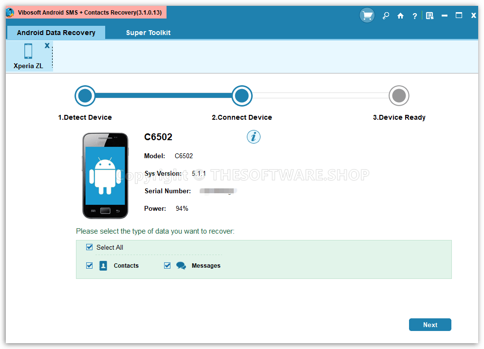 Vibosoft Android SMS+Contacts Recovery - Connect Device
