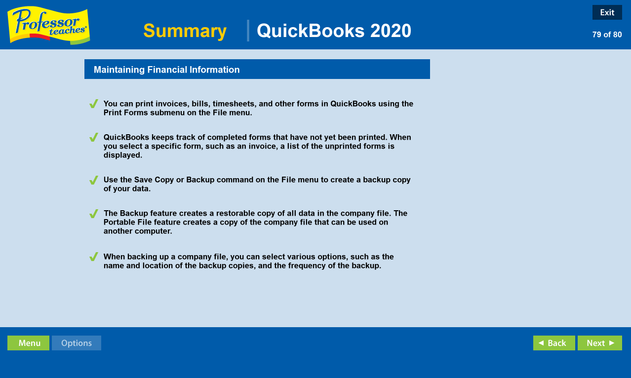 Professor Teaches QuickBooks 2020 Summary