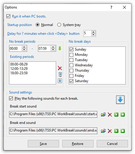 Trisun PC WorkBreak - Options