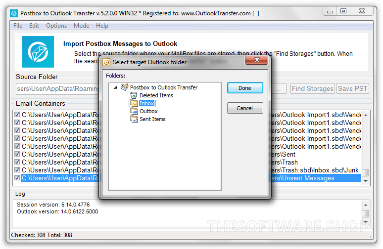 Postbox to Outlook Transfer - Select Target