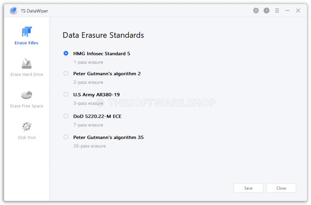 TS DataWiper for Windows - Data Erasure Standards Settings