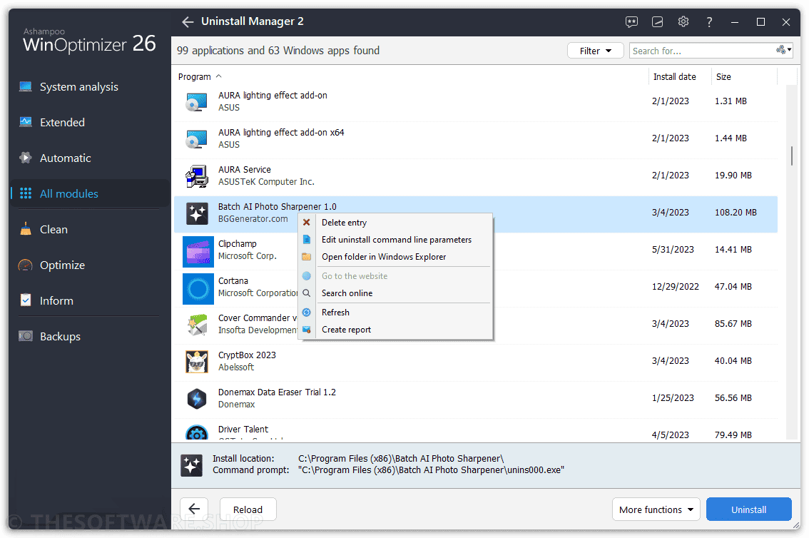 Ashampoo WinOptimizer 26 - Uninstall Manager
