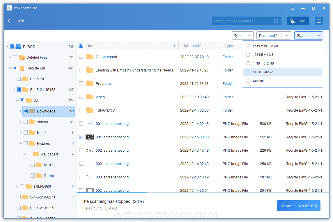 AOMEI MyRecover Professional Result and filter