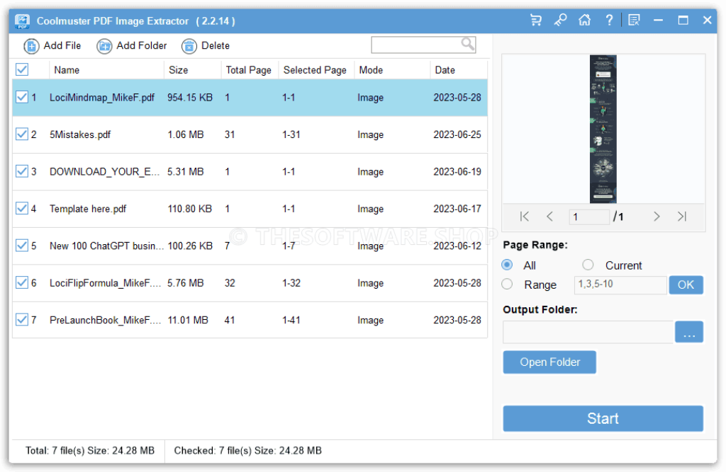 Coolmuster PDF Image Extractor Screenshot - Added Files and Preview