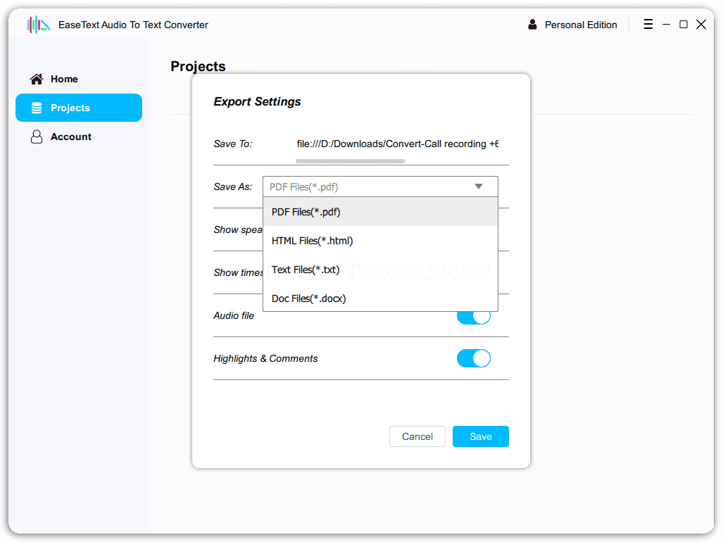 EaseText Audio to Text Converter Export Convert