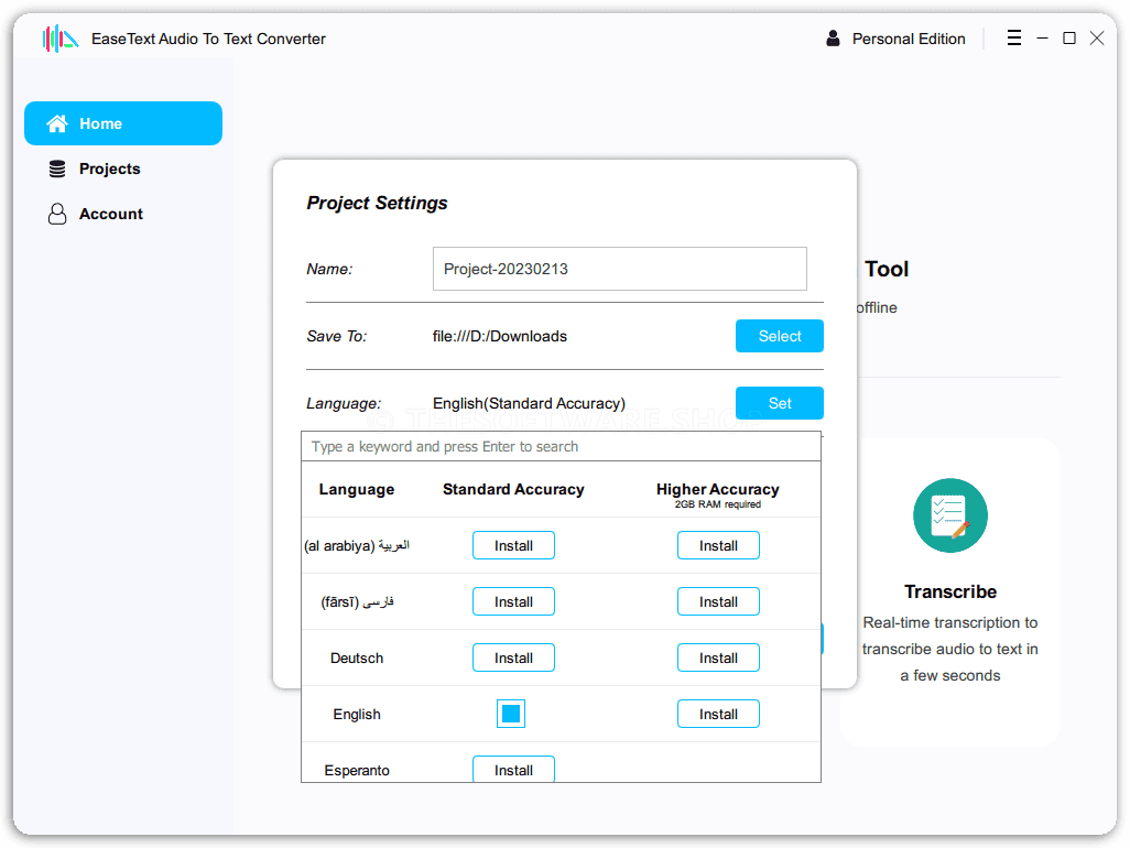 EaseText Audio to Text Converter Project Settings