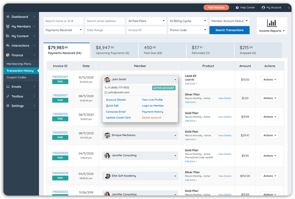 Brilliant Directories - Admin Transaction History