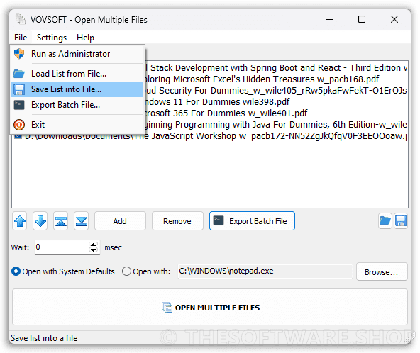 VOVSOFT Open Multiple Files Save List into File