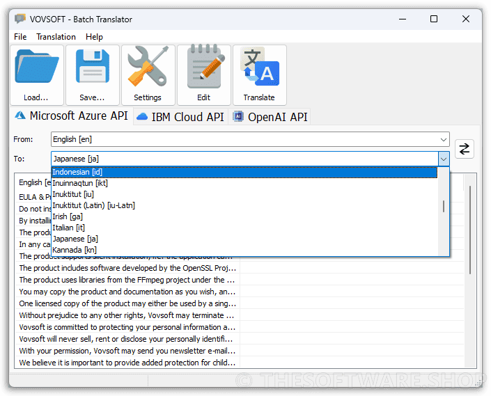 VOVSOFT Batch Translator Languages