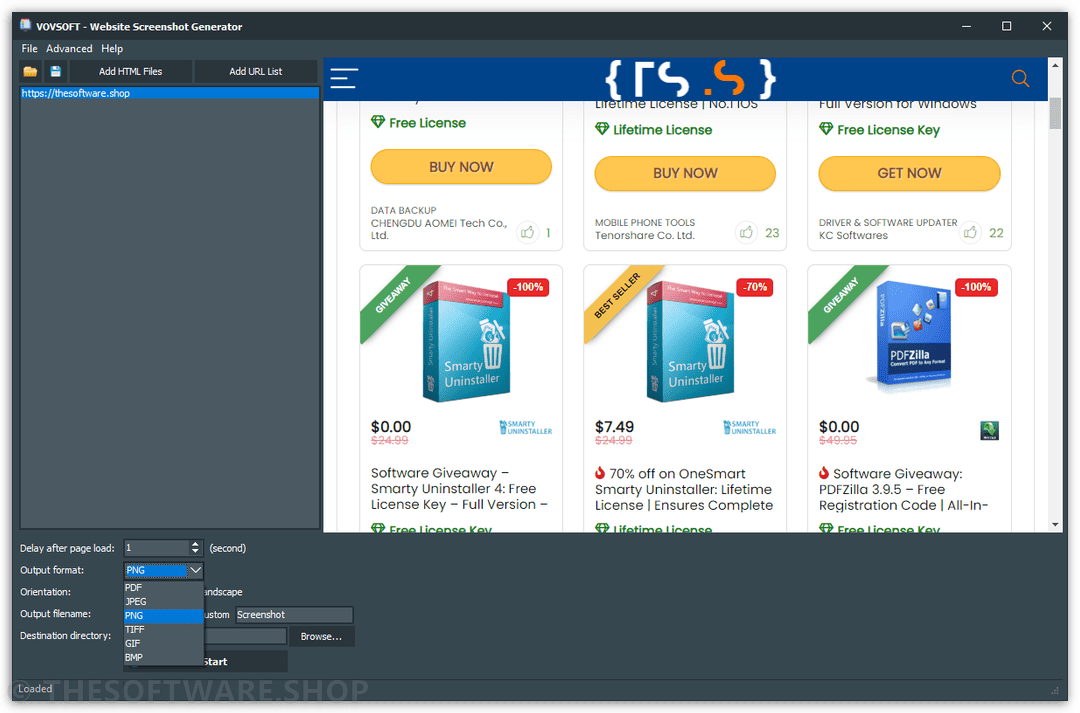 Vovsoft Website Screenshot Generator Output Formats