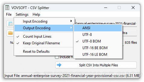 Vovsoft CSV Splitter Encoding