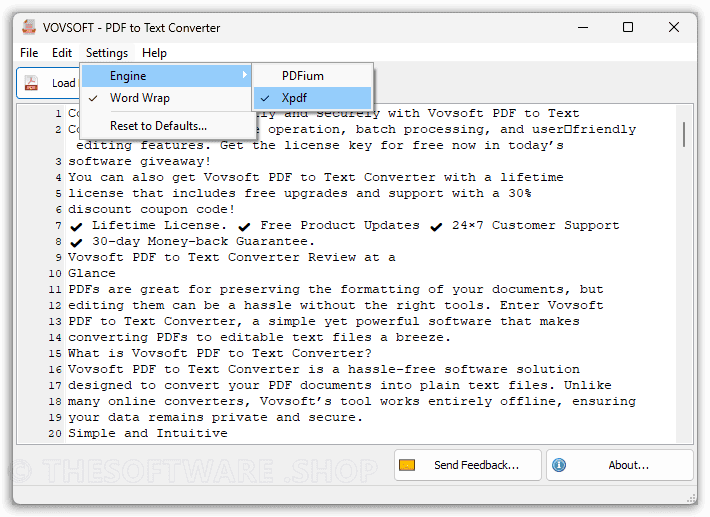 Vovsoft PDF to Text Converter Interface Screenshot