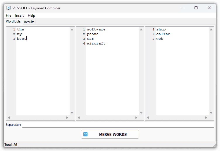 Vovsoft Keyword Combiner World List