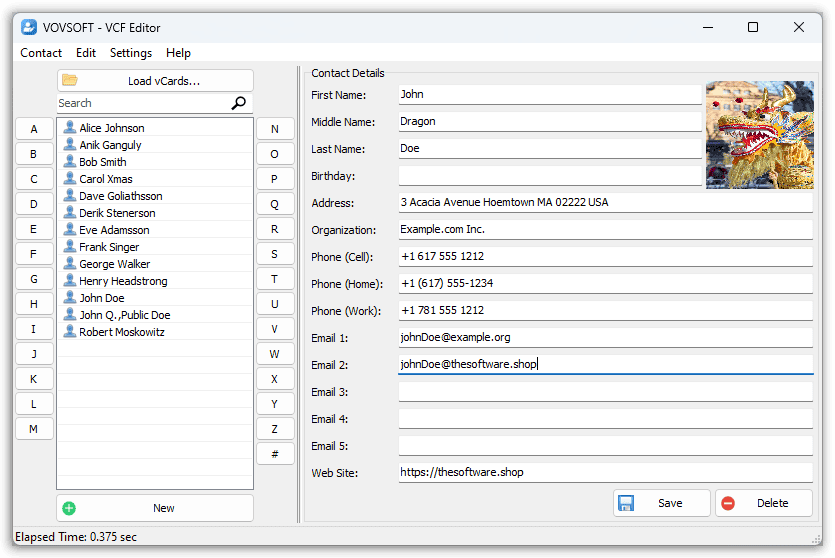 Vovsoft VCF Editor Interface Screenshot