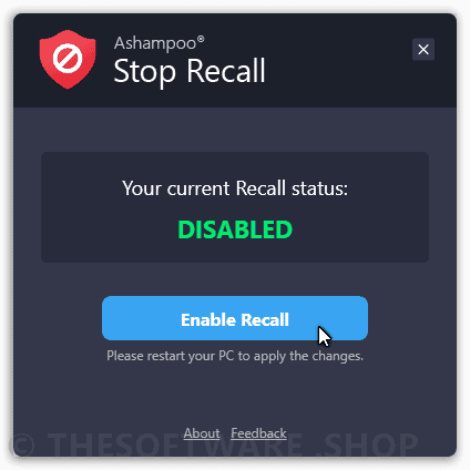 Ashampoo Stop Recall Interface Screenshot