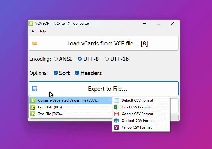 VOVSOFT VCF to TXT Converter Interface Screenshot