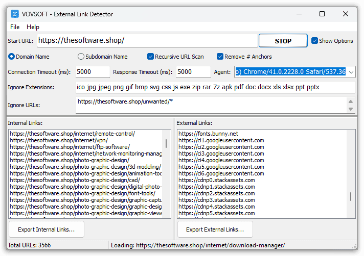 Vovsoft External Link Detector Interface Screenshot