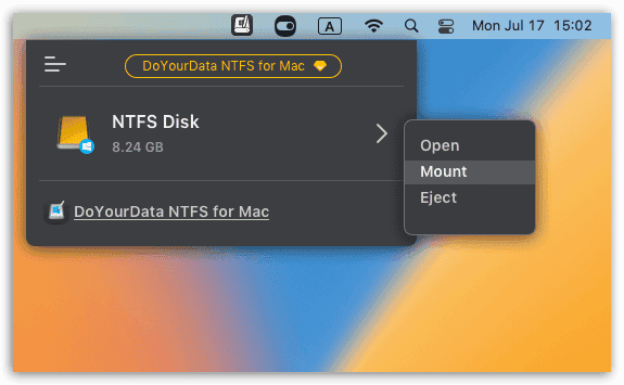 DoYourData NTFS for Mac Menu Bar Screenshot