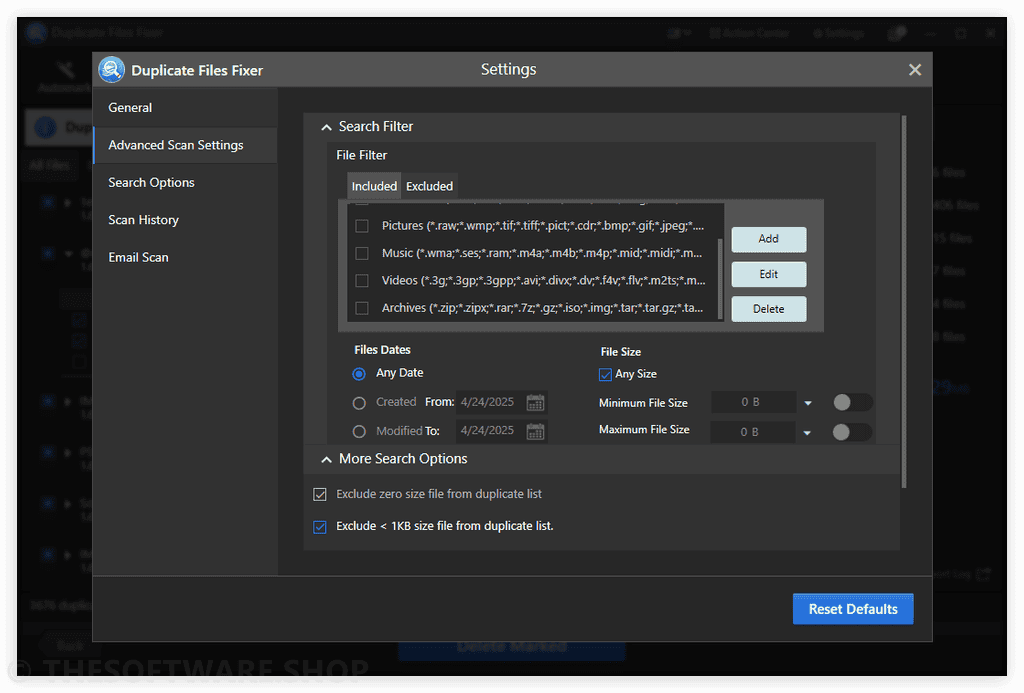 Systweak Duplicate Files Fixer - Settings
