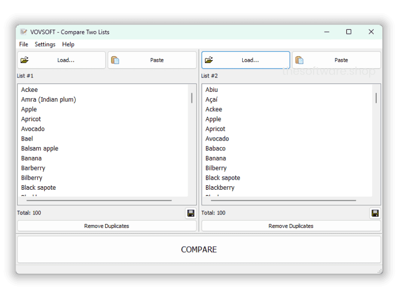 Vovsoft Compare Two Lists - Screenshot