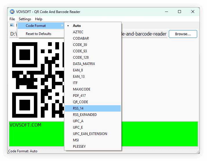 Vovsoft QR Code And Barcode Reader Code Formats